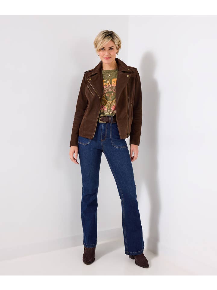 Chocolate Super Soft Suede Collared Biker Jacket for wholesale on Faire3