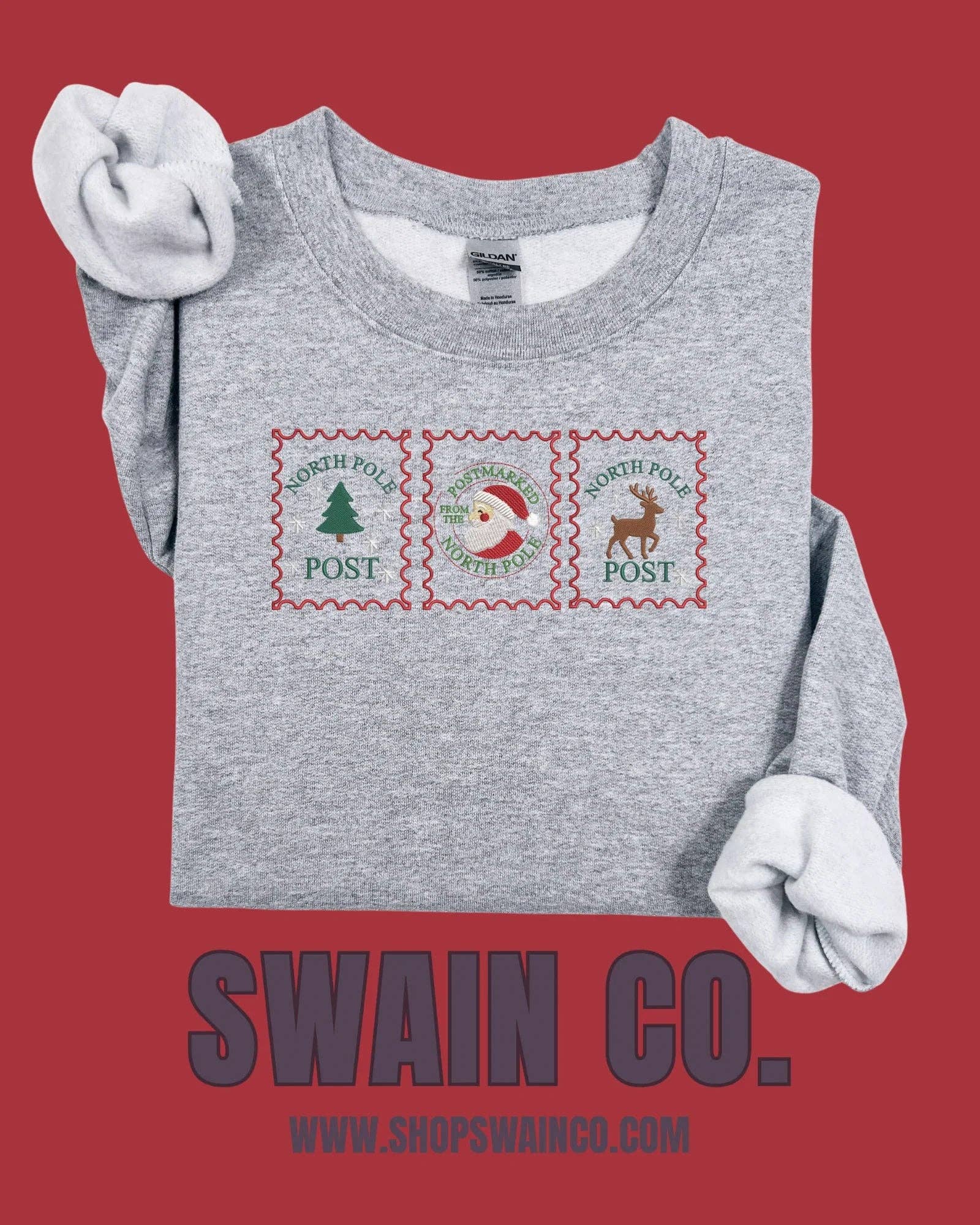 Swain Co. Embroidery & Press - Wholesale Sweatshirt - Women's - Christmas Rustic Stamp Embroidered Sweatshirt | Vintage Holiday Crewneck | Cozy Christmas Sweatshirt | Farmhouse Christmas Gift | Embroidered Crewneck0
