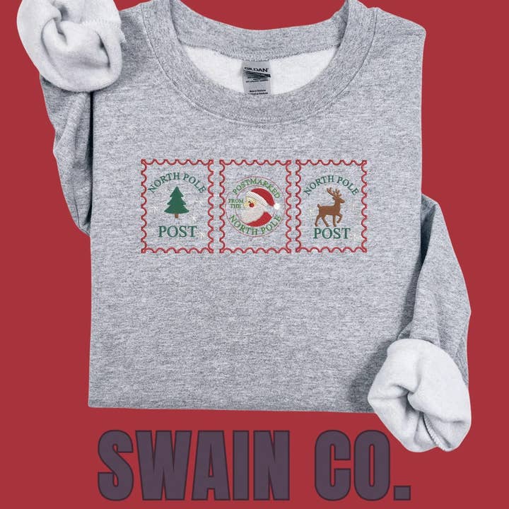 Swain Co. Embroidery & Press - Wholesale Sweatshirt - Women's - Christmas Rustic Stamp Embroidered Sweatshirt | Vintage Holiday Crewneck | Cozy Christmas Sweatshirt | Farmhouse Christmas Gift | Embroidered Crewneck