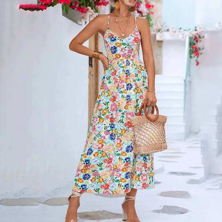 FLORAL V NECK SPAGHETTI STRAP SLIT DRESS_CWDSD1484 for wholesale by Lily Clothing