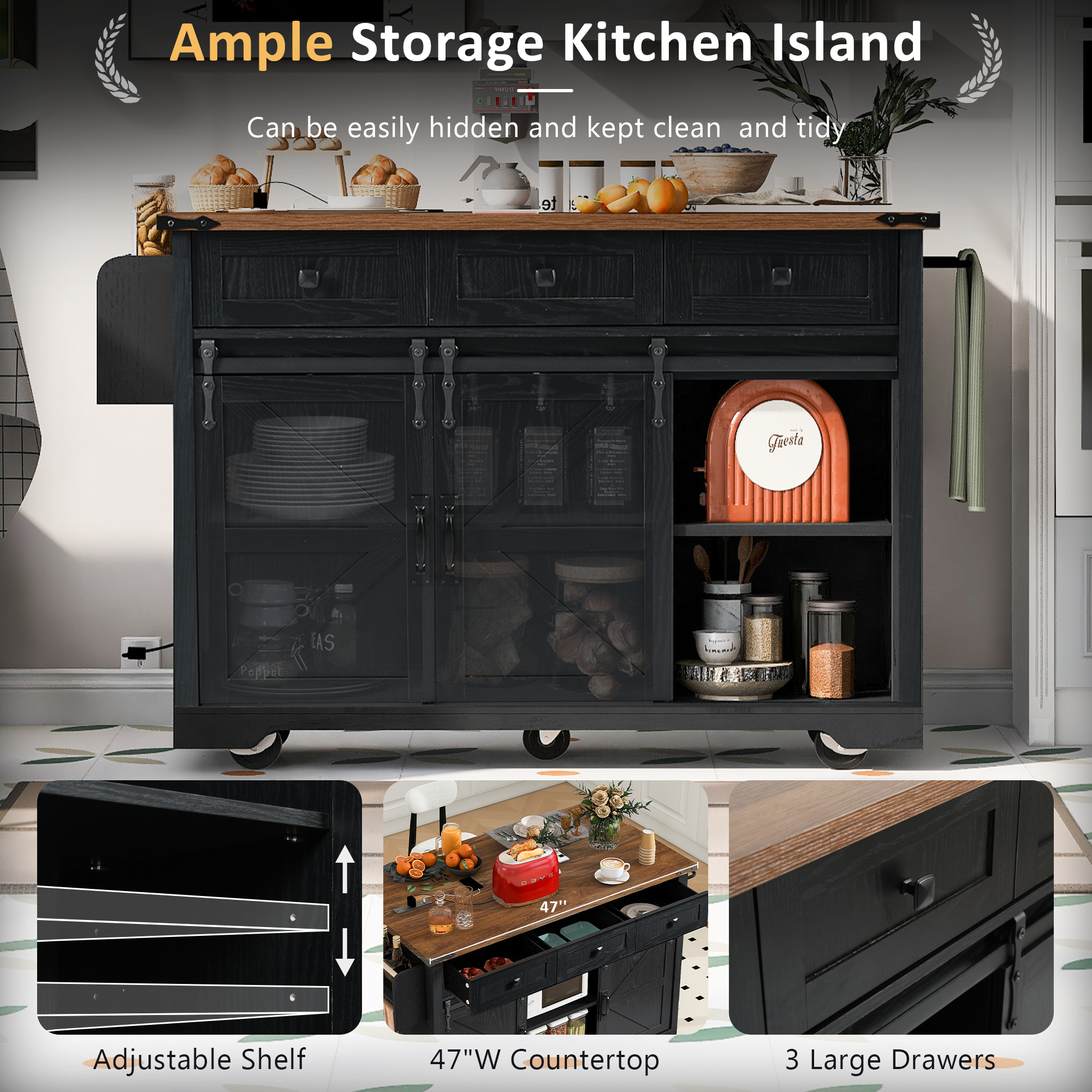 Orange County Decor - Wholesale Kitchen Storage/Organizer - K&K 53.7" Farmhouse Kitchen Island With Power Outlet, 2 Sliding Barn Door Kitchen Storage Island With Drop Leaf, Spice Rack Rolling Kitchen Cart On Wheels, For Home, Kitchen And Dining Room, Black17