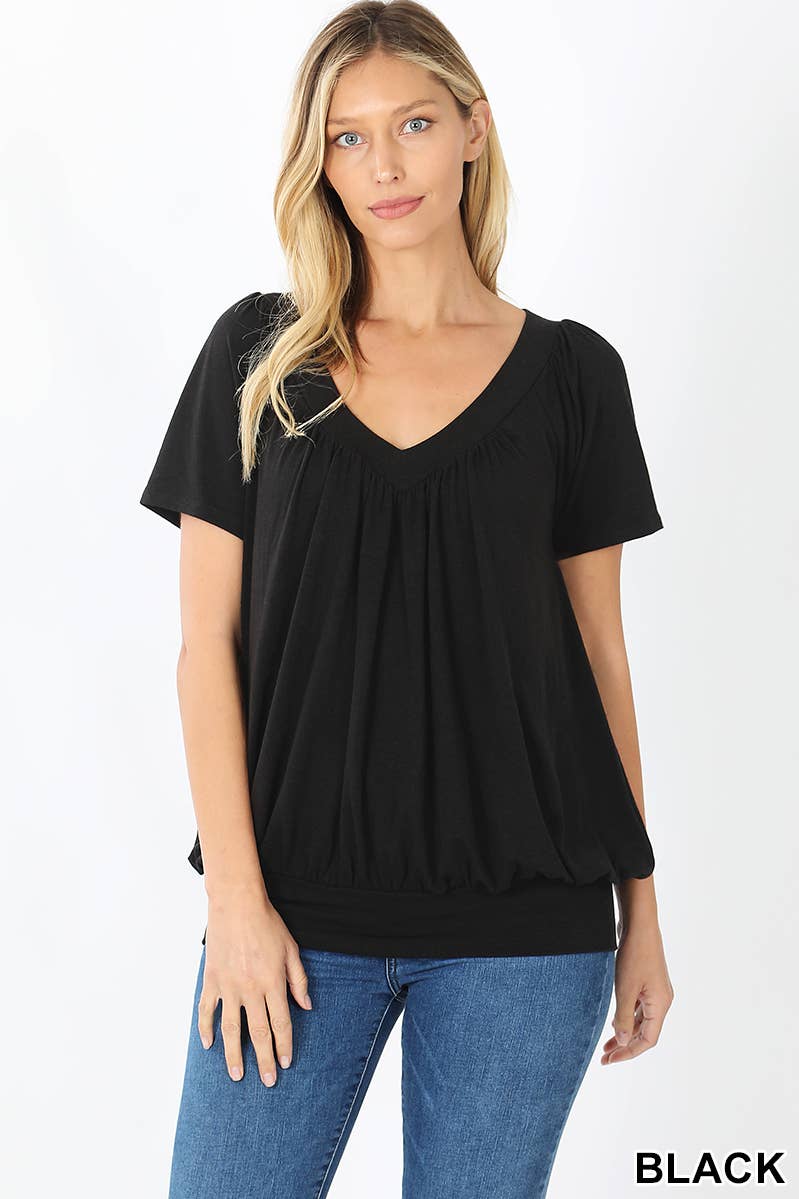 42POPS - Wholesale Blouse - Women's - ",.SHIRRED V-NECK SHORT SLEEVE TOP14