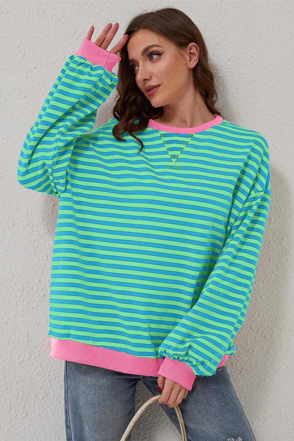 Amaryllis Apparel - Wholesale Sweatshirt - Women's - Stripe Oversized Contrast Trim Pullover Sweatshirt5