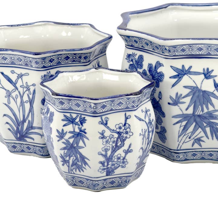 Galt International Company - Wholesale Plant Pot - Set of 3 - 7.5"/10"/13" Ceramic Chinoiserie Planter Pot Set