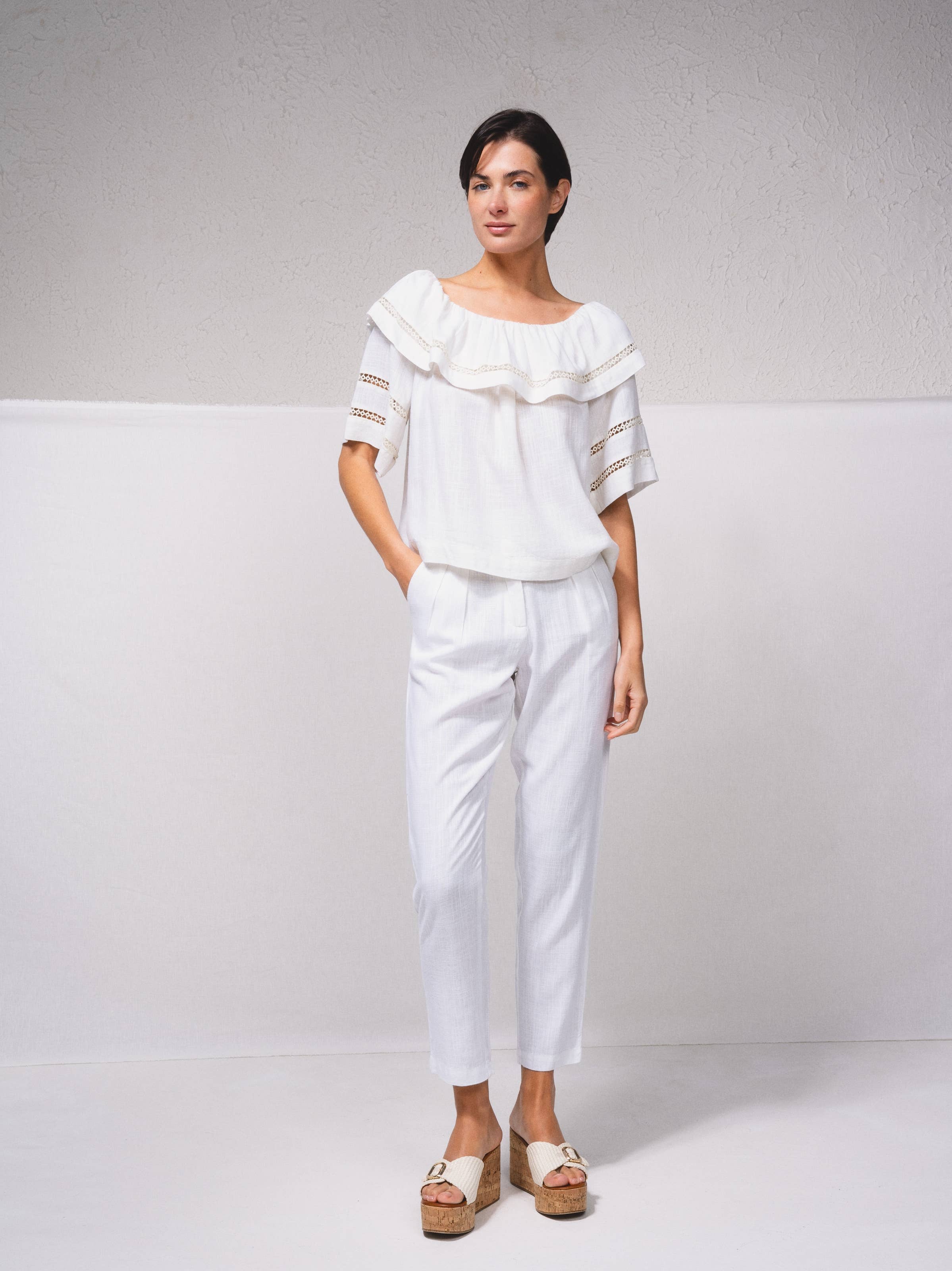 SMF - Vente Chemisier – femme - Tunique bandeau en mélange de lin avec broderies5