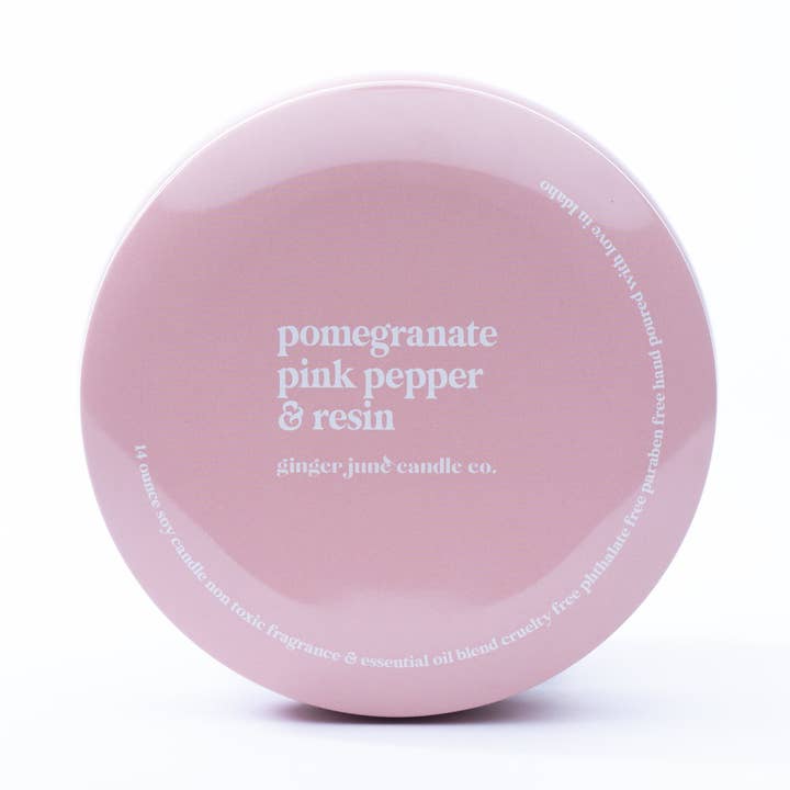 pink tin: pomegranate + pink pepper + resin 14 oz candle for wholesale by Ginger June Candle Co.