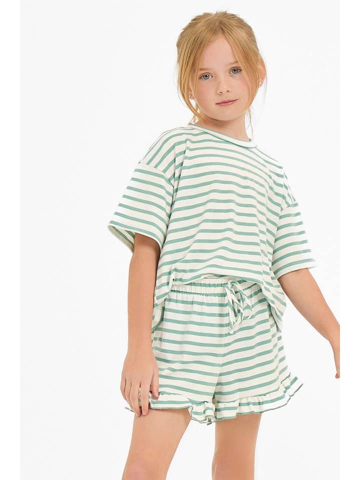 Good Girl - Wholesale Top & Short Set - Kids - Stripe Crop Top and Ruffle Shorts Set