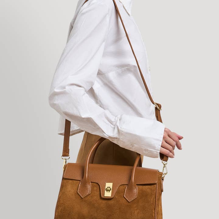 Voemièn - Wholesale Top Handle Bag - Women's - Cécile Bag in Tan Suede and Dollar Leather6