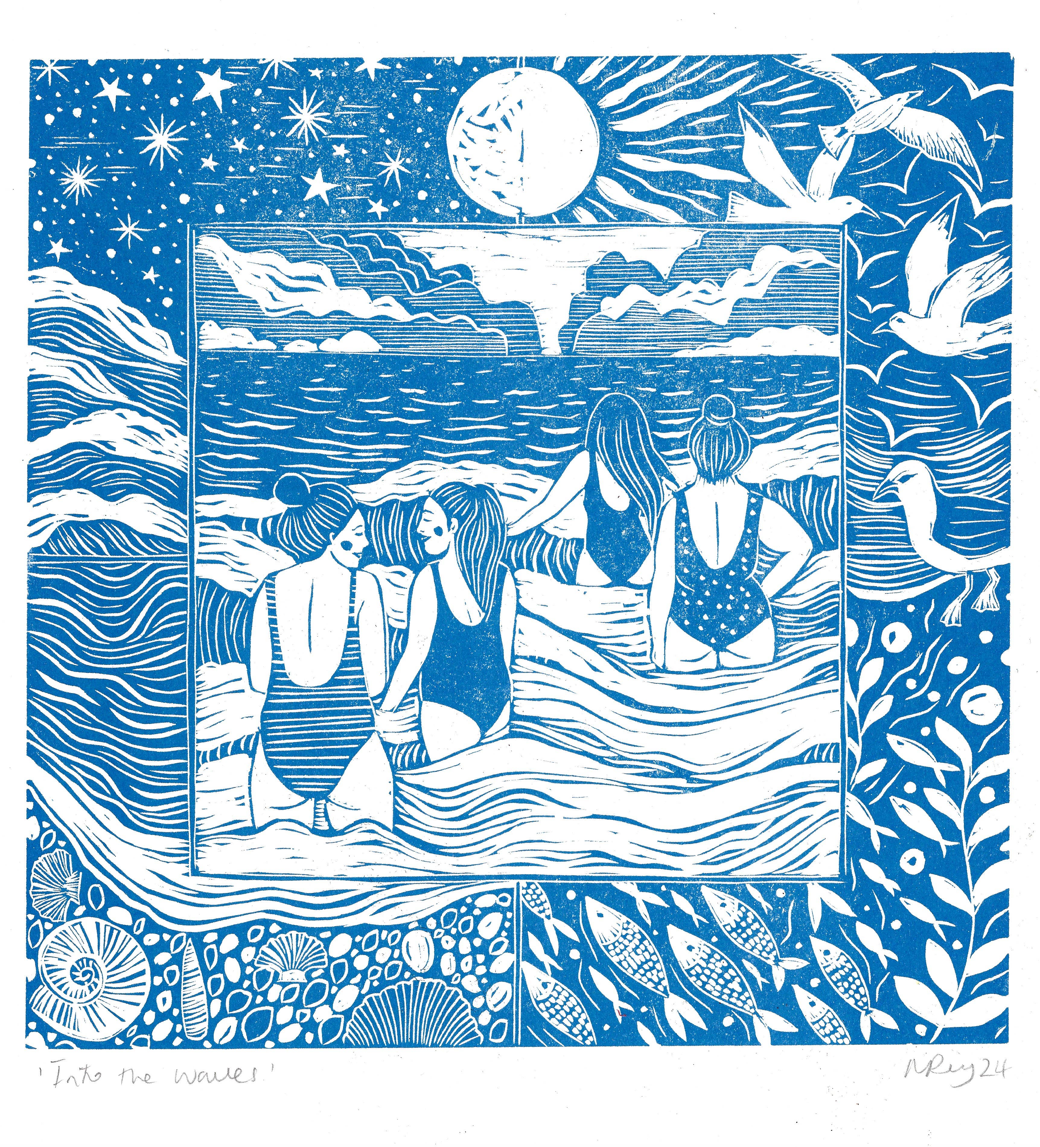 Prints by the Bay - Wholesale Art Print - Into the Waves riso swimming, seaside, friends, ocean, blue1