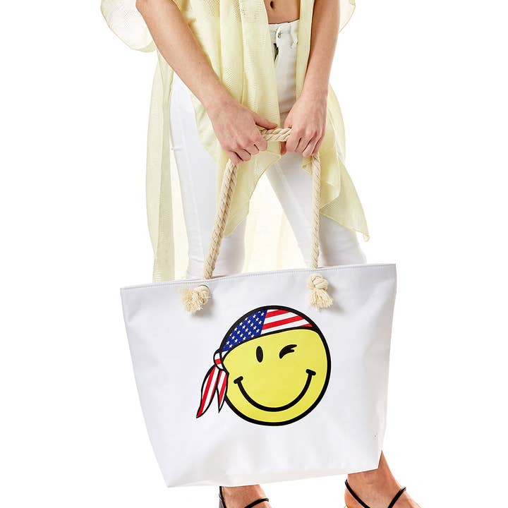 Hana - Venta al por mayor Bolsa de playa - Bolsa de playa con bandera estadounidense con estampado de bandana y cara sonriente