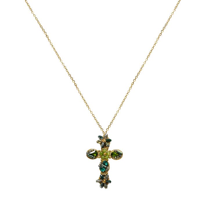 AMORINO SRL - Wholesale Pendant/Charm Necklace - CROSS NECKLACE WITH FLOWER-SHAPED CRYSTALS - OY2496A4224