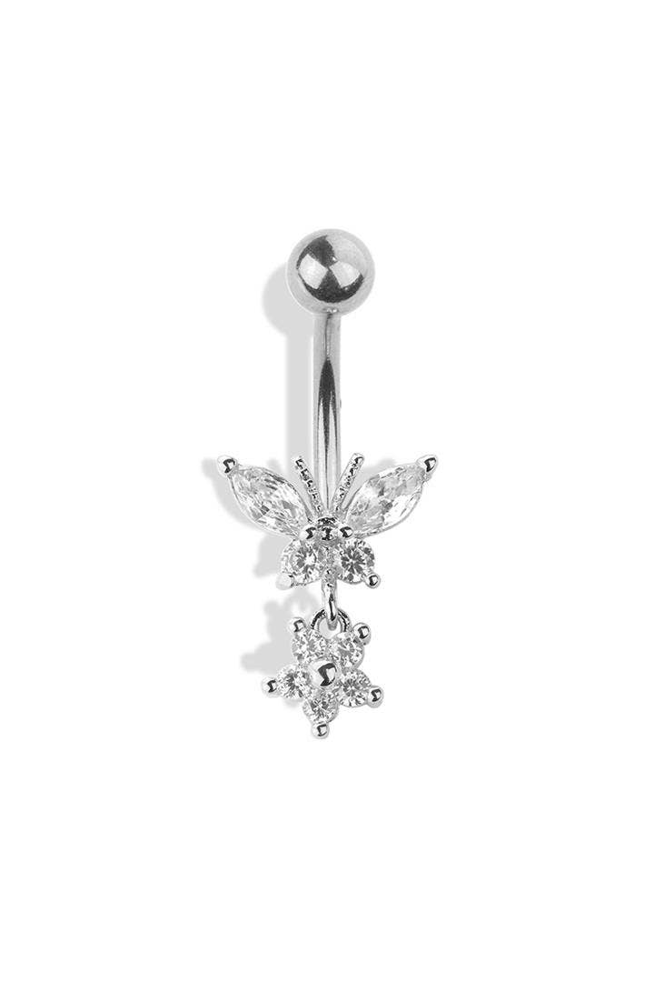 CRAVE - Wholesale Belly Ring - BUTTERFLY AND FLOWER DANGLE 316L SURGICAL STEEL NAVEL RING1