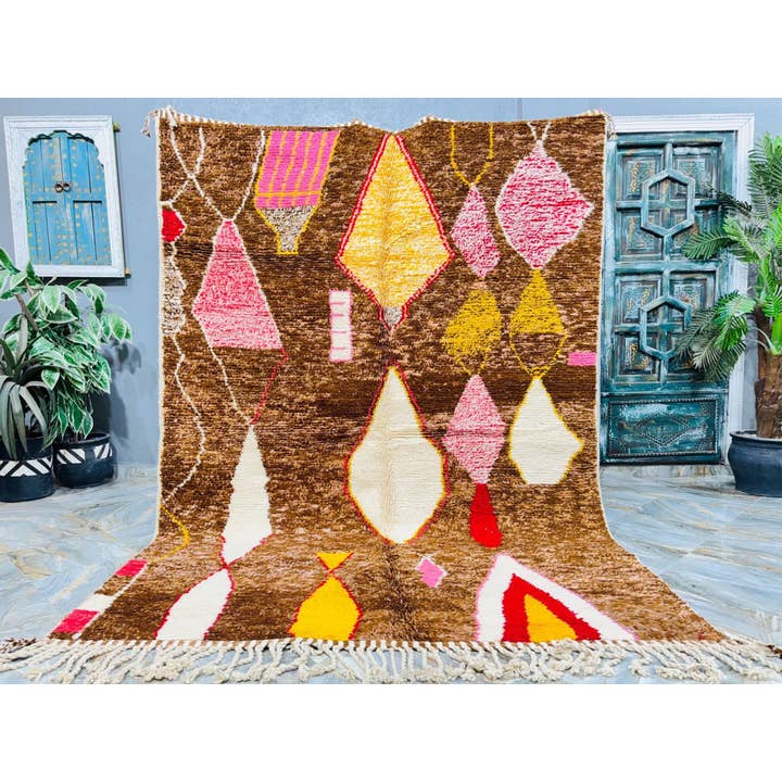Brown & Pink Moroccan Shag Rug, Berber Rug, 9x12 area rug for wholesale by Moroccan Woven Treasures