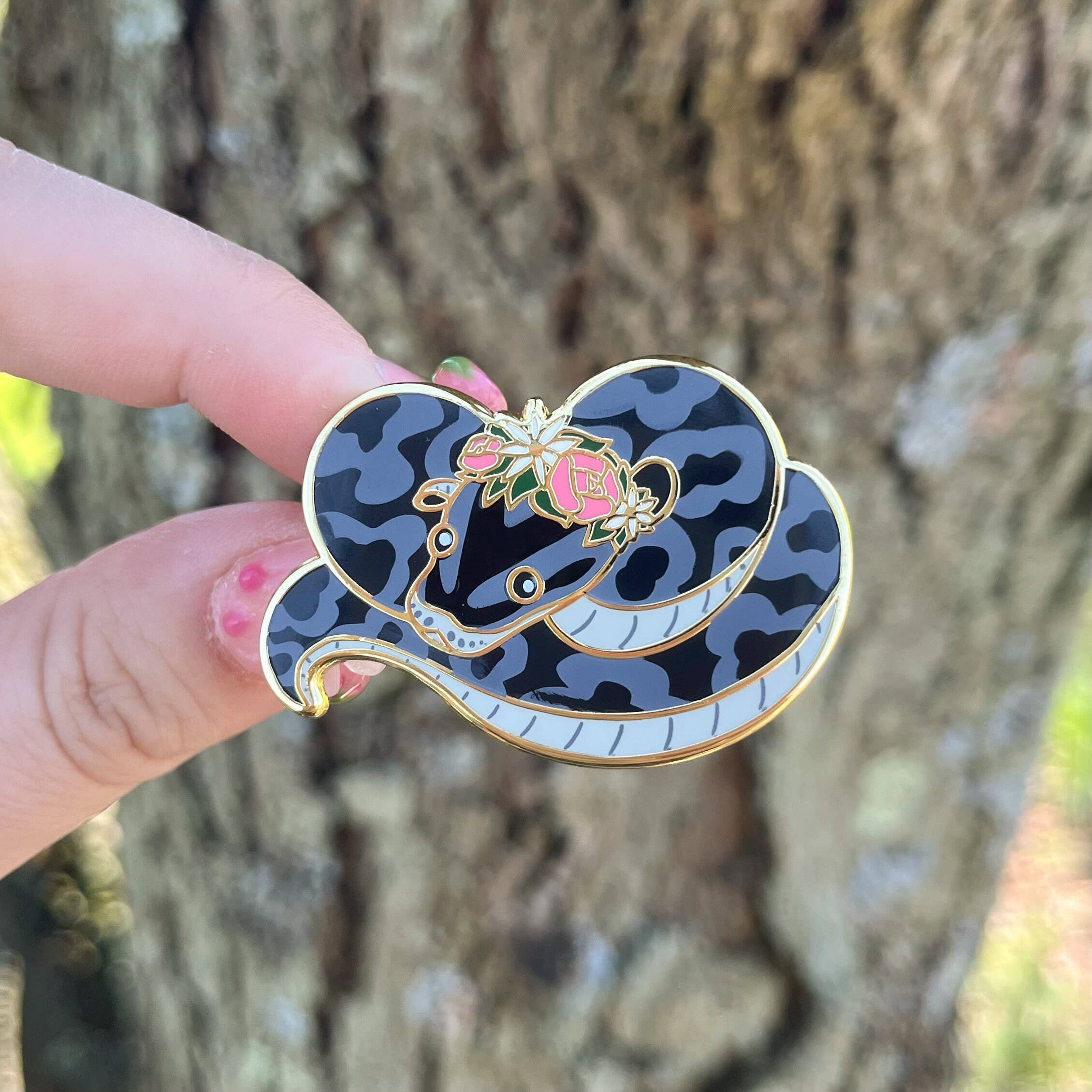Heartel Design – wholesale Lapel pin/button – Ball Python Snake Flower Crown Enamel Pin! Brown or Black0