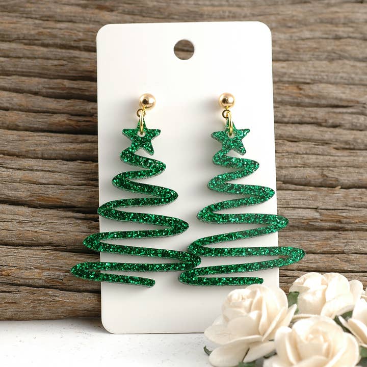 Christmas Tree Green Glitter Dangle Post Earrings - Acrylic for wholesale by Rocky Mountain Shops