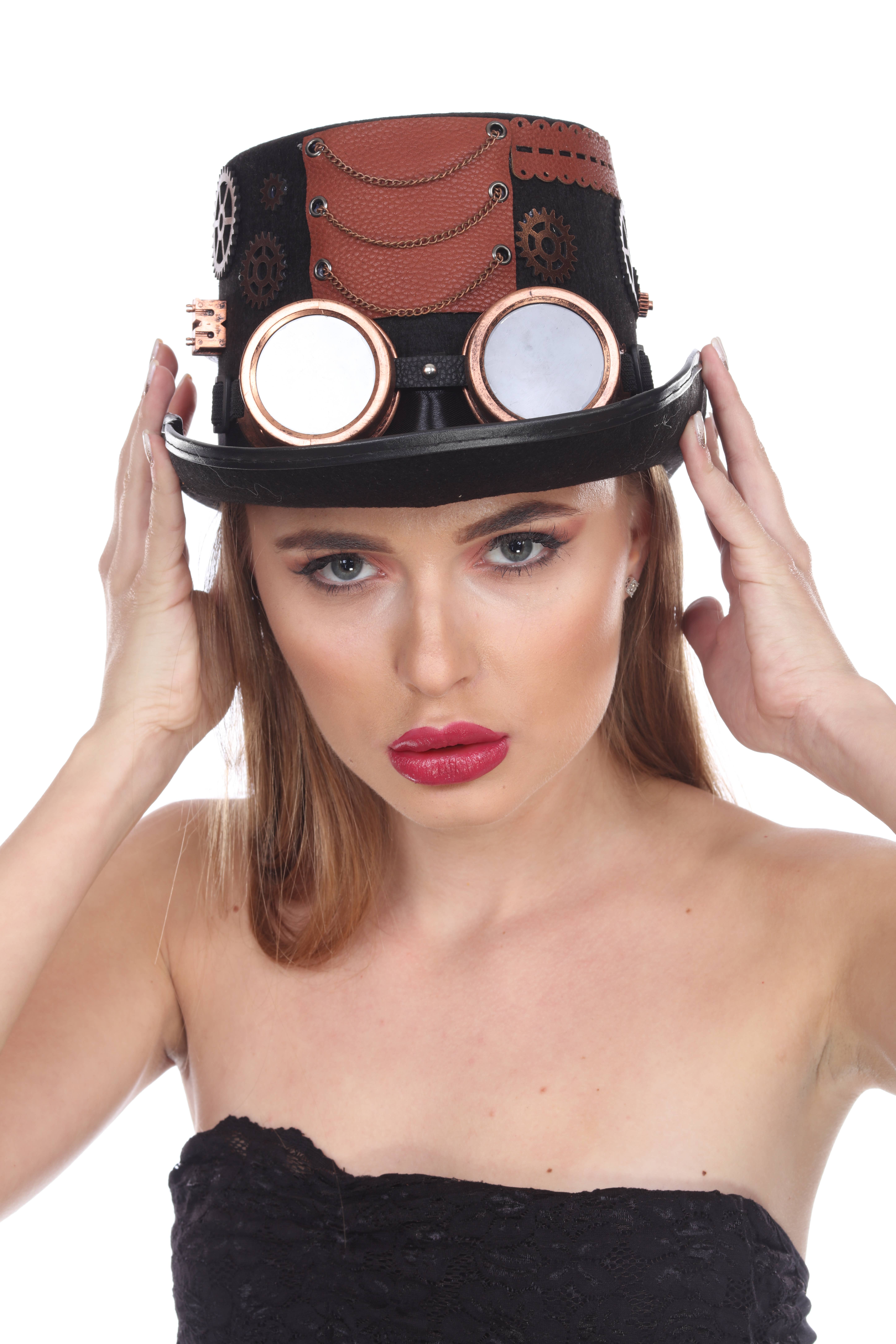 Western Fashion - Wholesale Bowler Hat - Women's - Steampunk Hat with Goggles - Copper3