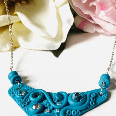 Steampunk Halskæde, Aqua Statement Halskæde, Polymer Ler Bib Halskæde for engroshandel hos Janine’s Jewelry Design