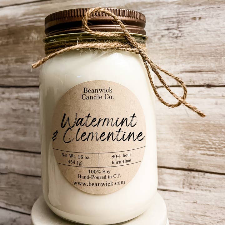 Candela di soia Watermint & Clementine in barattolo di vetro, regalo unico per la vendita all'ingrosso da parte di Beanwick Candle Co.