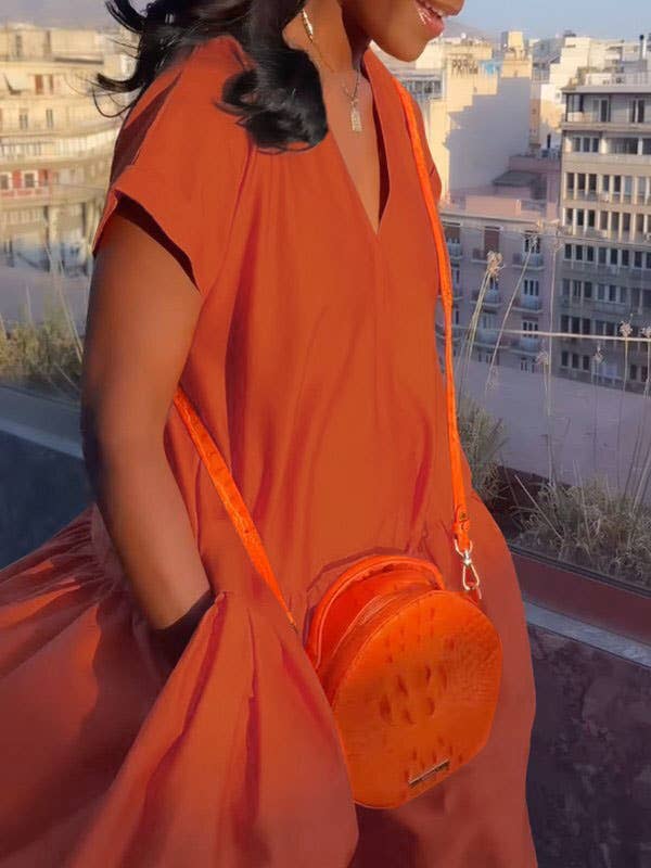 Chicto - Wholesale Dress - Women's - Loose Short Sleeves Pleated Pockets Solid Color Split-Joint V-Neck Maxi Dresses7