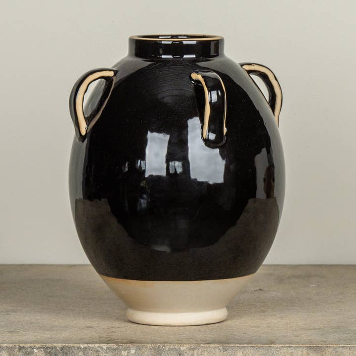 8.5" BLACK & TAN CERAMIC POT for wholesale by Ragon House