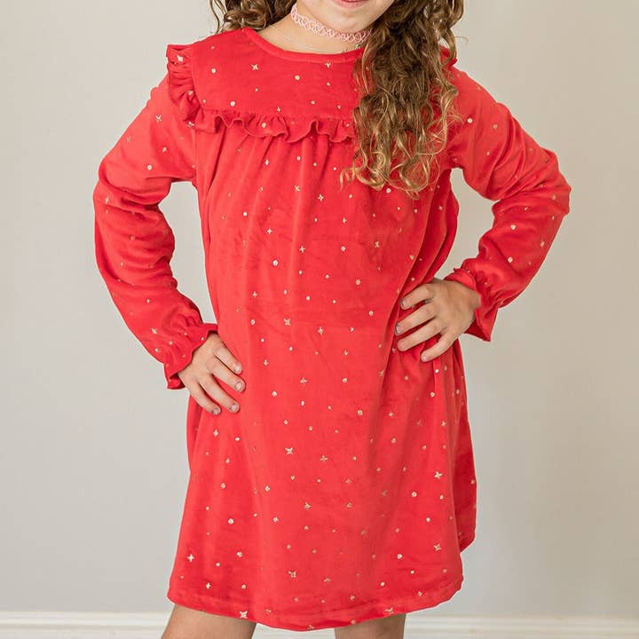 Girl's Red and Gold Stretch Velvet Ruffle Bib Shift Dress for wholesale by cuteheads