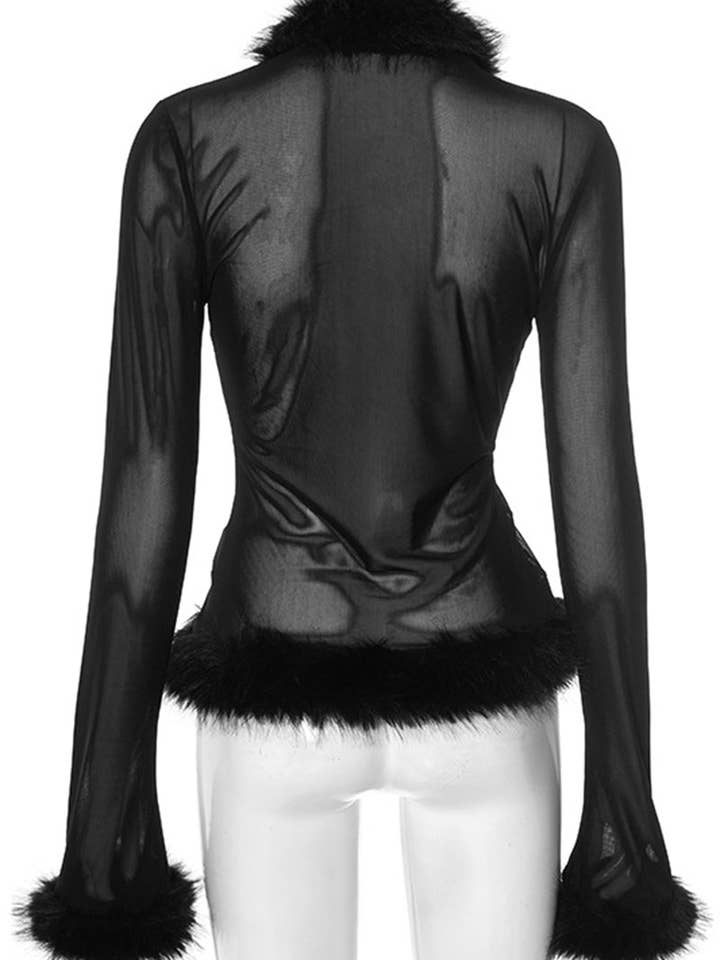 BLACK Faux Fur Trim Sheer Long Sleeve Blouse for wholesale on Faire6