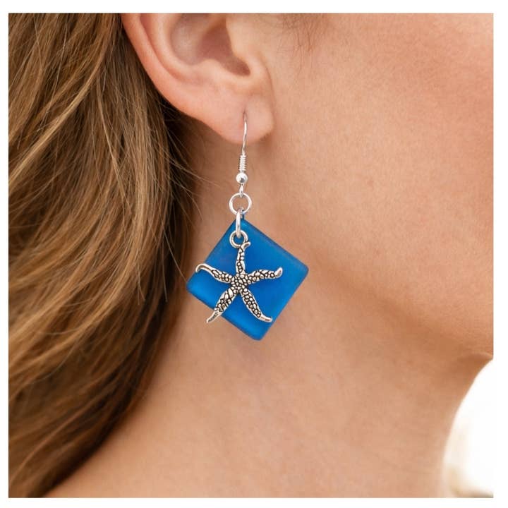 Dangle Earrings - Sea Glass Starfish - Blue for wholesale by EarthlieTreasures
