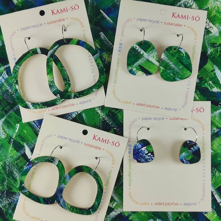 Square Recycled Paper Earrings - Green, Blue & White Brushstrokes for wholesale by Kami-so