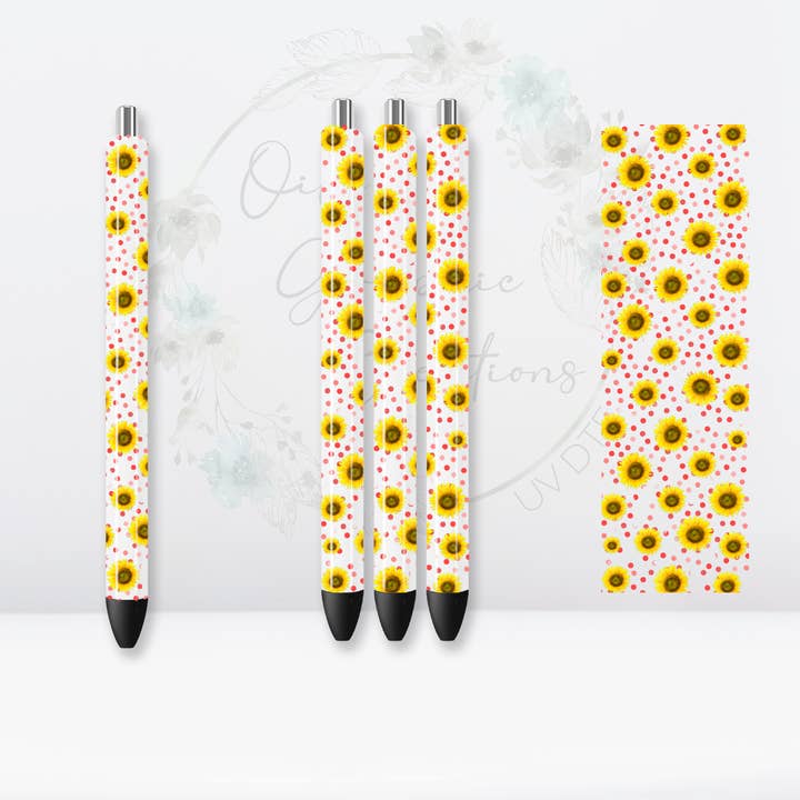 Adesivo con penna DTF UV a pois rossi con mini girasoli per la vendita all'ingrosso da parte di Oily Graphic Creations