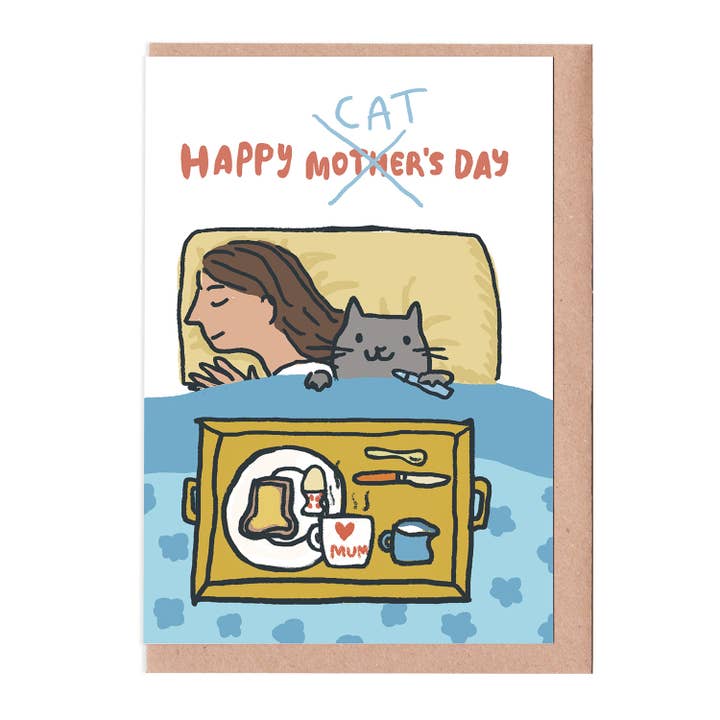 Mother’s Day Card – Sleeping Mum with Cheeky Cat for wholesale by Sarah Ray