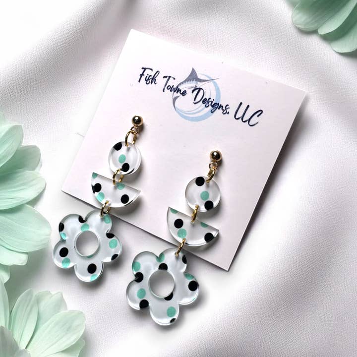 Polka Dot Acrylic Flower Earrings – Modern Retro Charm for wholesale by Fish Towne Designs, LLC