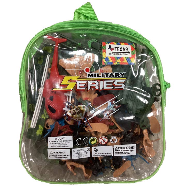 Military Figurines Set with Vehicles in Clear Backpack for wholesale by Texas Toy Distribution