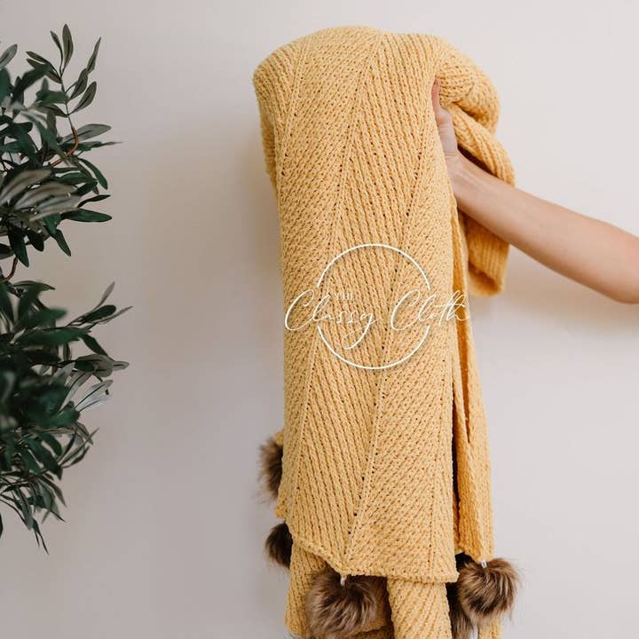 The Classy Cloth WS - Vente Plaids - Couverture à pompons en chenille - Mustard RTS4