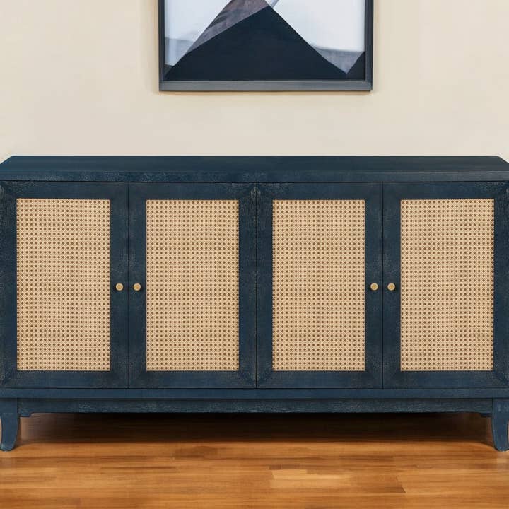 HomeRoots - Wholesale Sideboard - 60" Blue Wood And Rattan Distressed Sideboard with Four Door0