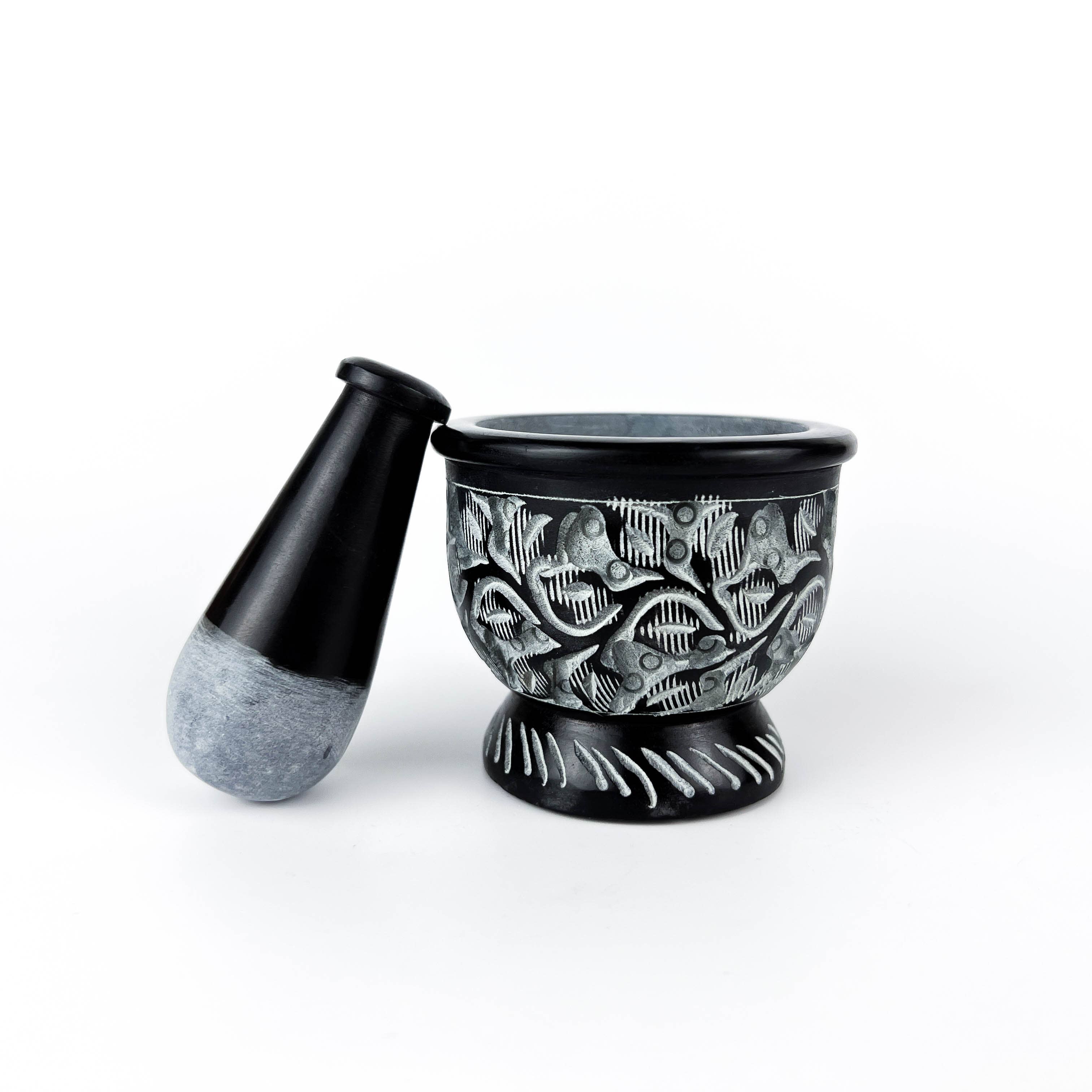 GREENROOTS USA LLC - Wholesale Mortar & Pestle - Black Carved Soapstone Mortar & Pestle 2.5"H, 3"D11