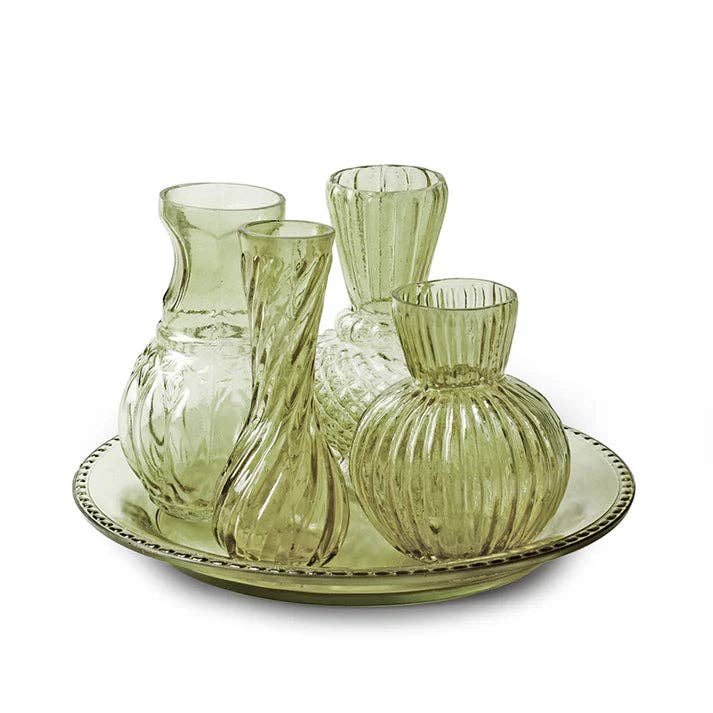 Set aus 4 Vasen und Untertafel 'Ludo' grün h13 x22,5 cm für den Großhandel von Growing Concepts