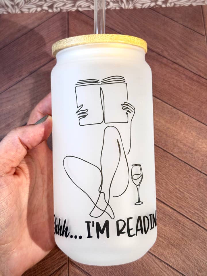 16oz Shhh..I’m Reading Glass Tumbler with Straw for wholesale by Wicks and Whims