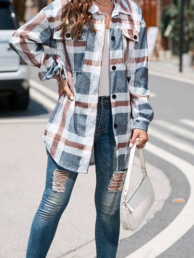 Gray Grey Plaid Print Button Up Shacket XML008 for wholesale on Faire3