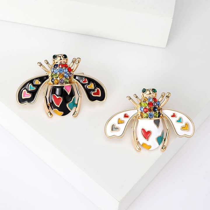 Colorful Rhinestone Bee Brooches with Heart Accents for wholesale by Tourtiwi