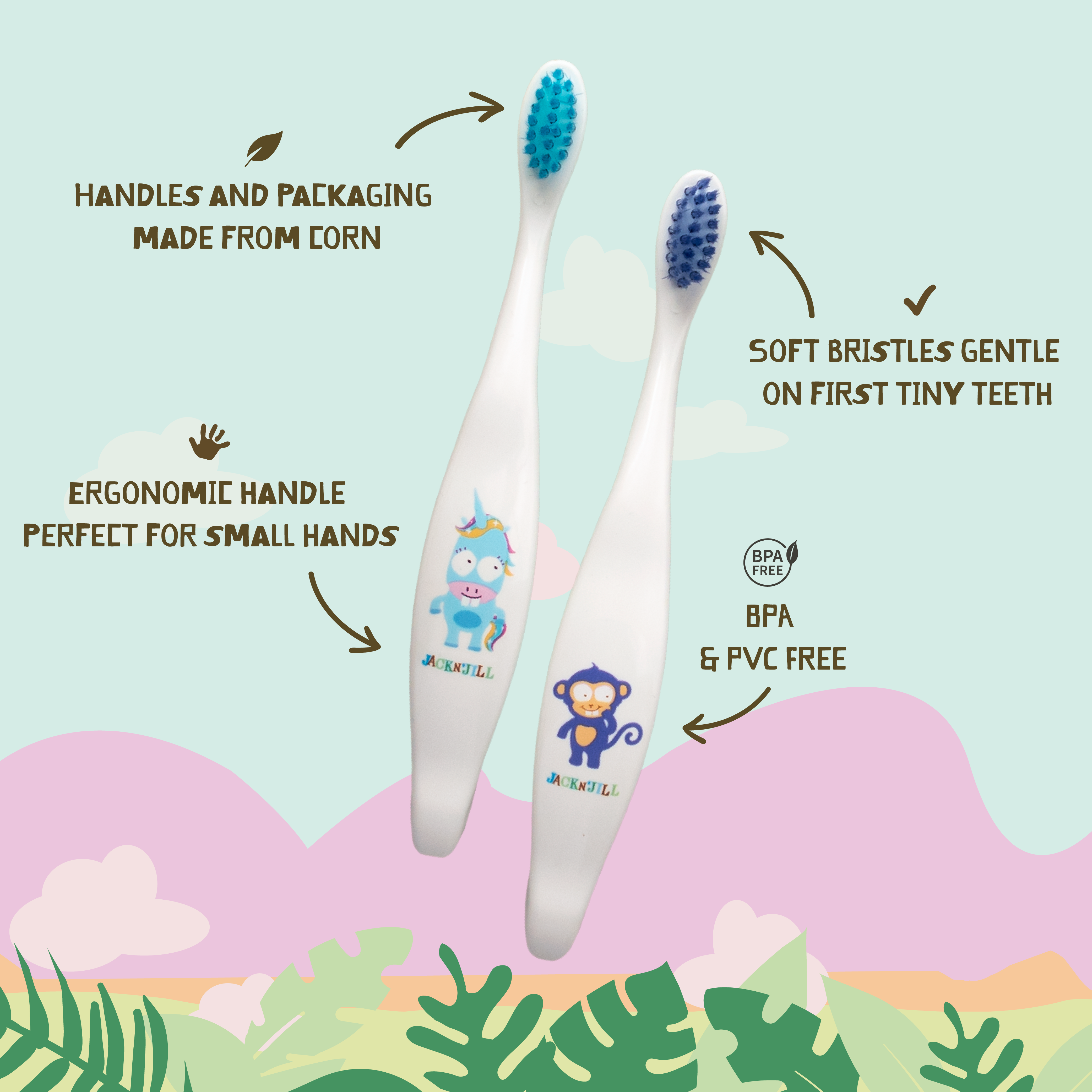Jack N' Jill Kids & NFco - Vente Brosse à Dents - Enfant et bébé - Brosse à dents Jack N'Jill pour enfants - Assortiment licorne et singe1