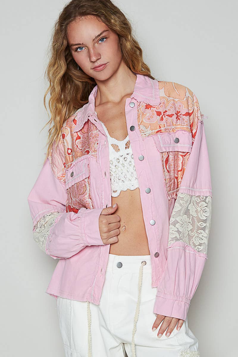 Pol Clothing - Wholesale Shirt Jacket/Shacket - Women's - Balloon sleeve printed woven mixed denim shacket SALE22