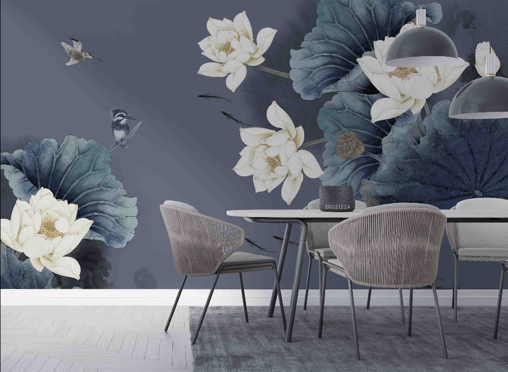 Jess Art Decoration - Vendita all'ingrosso Carta da parati - Carta da parati murale foglia di loto 3D uccello grigio radice di loto YXL 7591