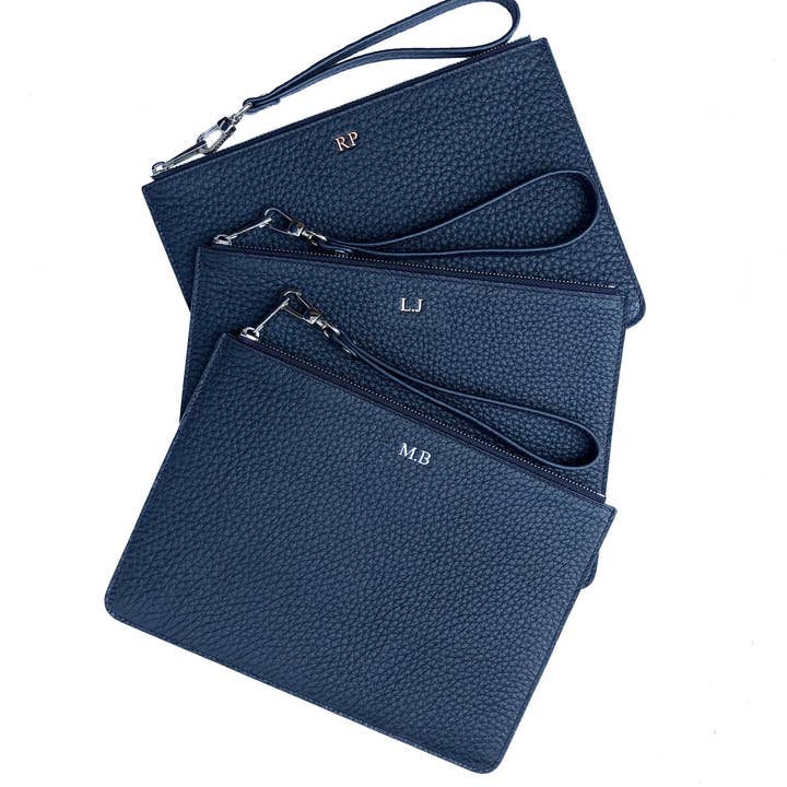 rakupersonalized - Vente Pochette – femme - Sac cosmétique d'embrayage de demoiselle d'honneur personnalisé, Pochette de maquillage en cuir bleu marine pour demoiselle d'honneur, Pochette personnalisée de sac de poignet bleu marine