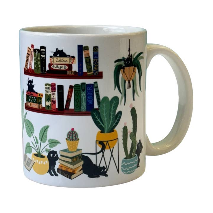 Tazza da caffè o tè Cat Tales con piante e libri per la vendita all'ingrosso da parte di Fly Paper Products