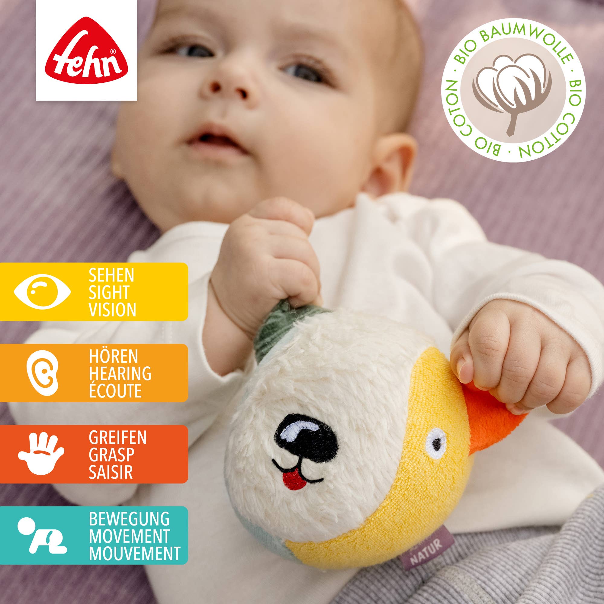 Fehn - Wholesale Sensory Ball - Baby - Fabric Ball Dog NATURE - Gripping Play Ball with Rattle1