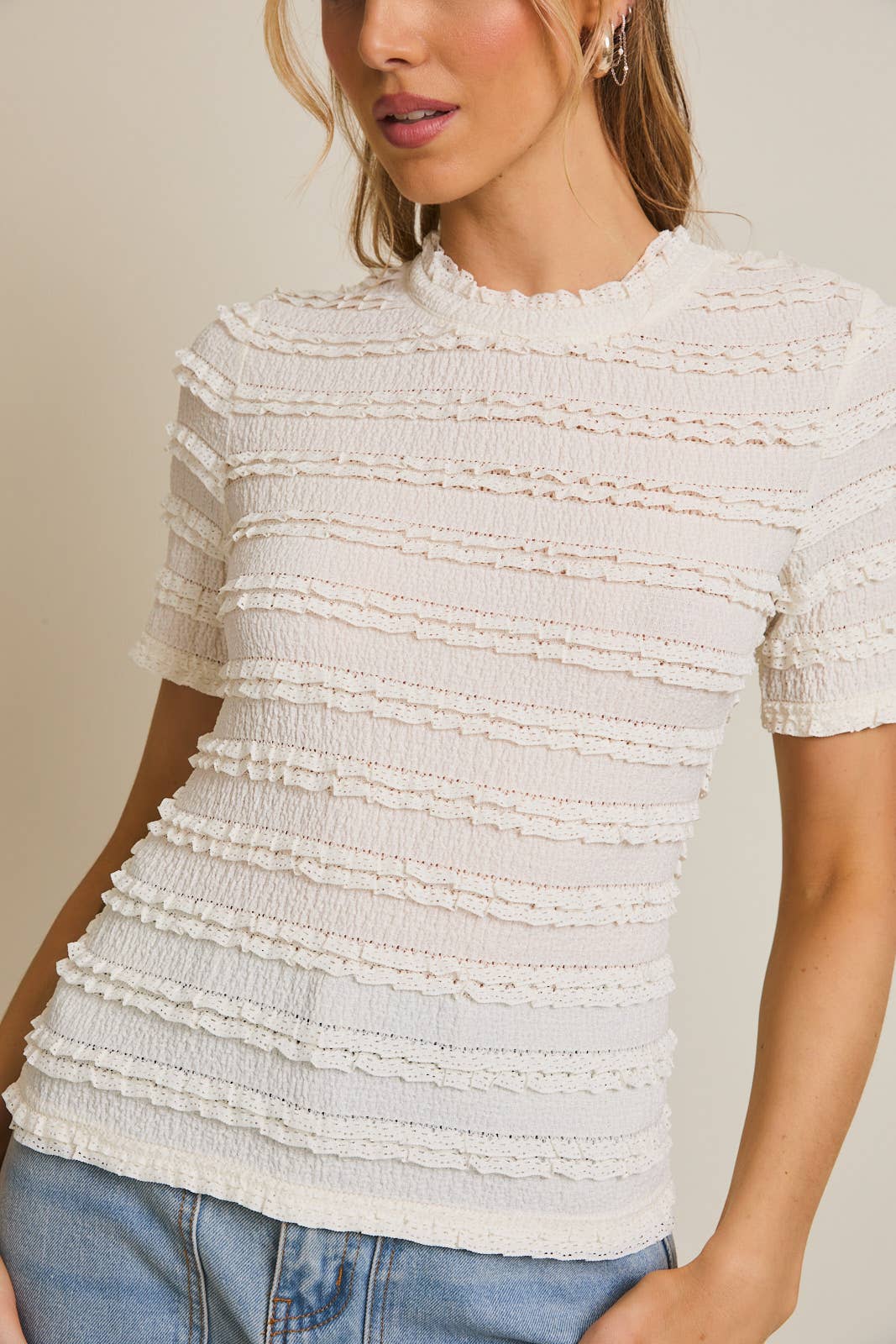 GILLI - Wholesale Blouse - Women's - STRIPE LACE MOCK NECK HALF SLEEVE LACE TOP14