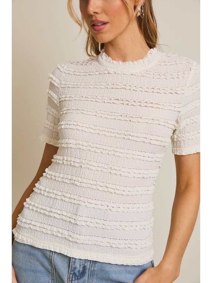 GILLI - Wholesale Blouse - Women's - STRIPE LACE MOCK NECK HALF SLEEVE LACE TOP14