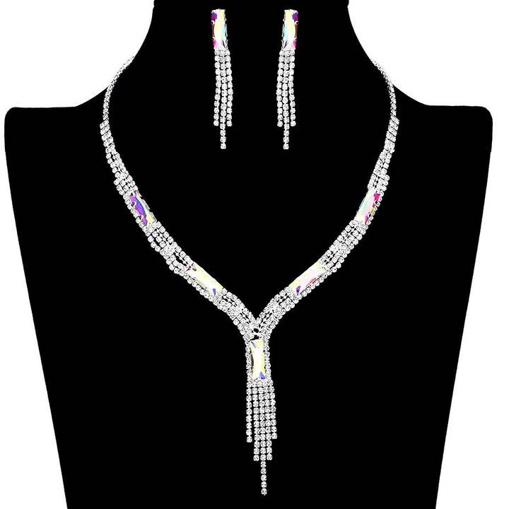 Diacly - Wholesale Jewelry Set - Rectangle Tassel Lines Rhinestone Necklace Set1
