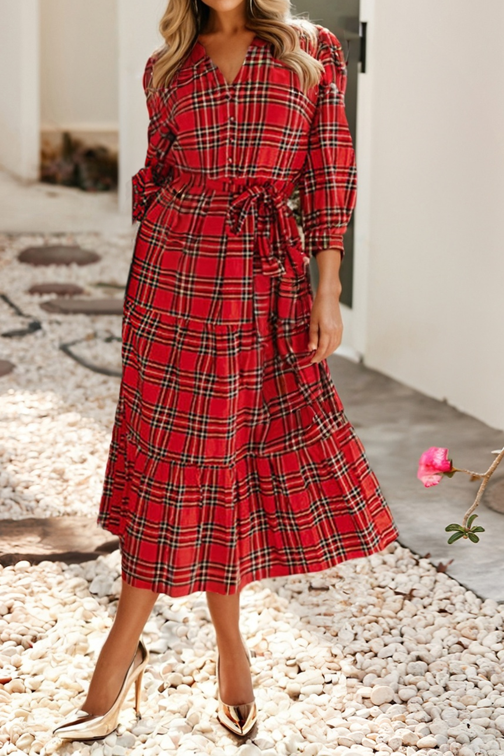 Red LDC Plaid V Neck 3/4 Sleeve Tie Waist Ruffle Hem Midi Dress for wholesale on Faire2