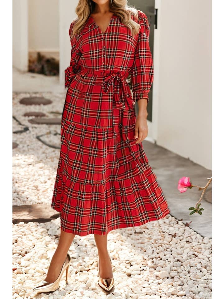 Red LDC Plaid V Neck 3/4 Sleeve Tie Waist Ruffle Hem Midi Dress for wholesale on Faire2